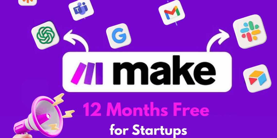 Illustrated cover image featuring the Make logo and interface, highlighting the exclusive startup promo code available via XRaise