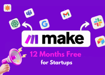 Illustrated cover image featuring the Make logo and interface, highlighting the exclusive startup promo code available via XRaise