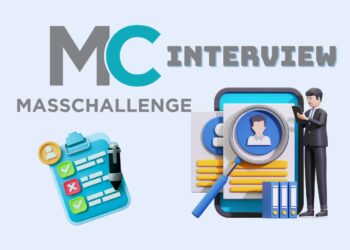 Minimalist illustration representing a founder preparing for a MassChallenge Accelerator Interview — laptops open, notes on the desk, focused atmosphere.