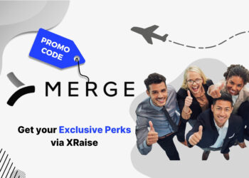 Merge promo code banner by XRaise — group of diverse founders giving thumbs up and smiling, next to the Merge logo and “Get your exclusive perks via XRaise” text.