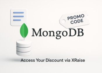 Illustrated cover image featuring the MongoDB logo and interface, highlighting the exclusive startup promo code available via XRaise