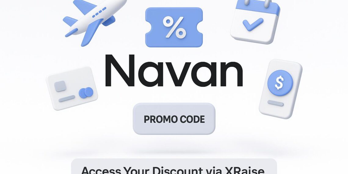 Illustrated cover image featuring the Navan logo and interface, highlighting the exclusive startup promo code available via XRaise