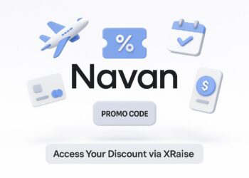 Illustrated cover image featuring the Navan logo and interface, highlighting the exclusive startup promo code available via XRaise