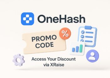 Illustrated cover image featuring the OneHash logo and interface, highlighting the exclusive startup promo code available via XRaise