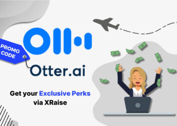 Otter.ai promo code — animated illustration of happy woman at laptop with dollar bills flying, celebrating savings next to Otter.ai logo with XRaise exclusive perks