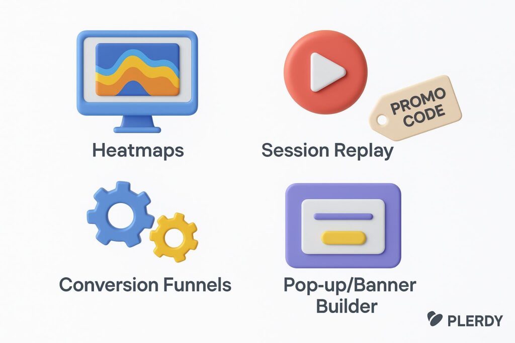 Visual breakdown of Plerdy key feature with a caption promoting the available startup discount through XRaise