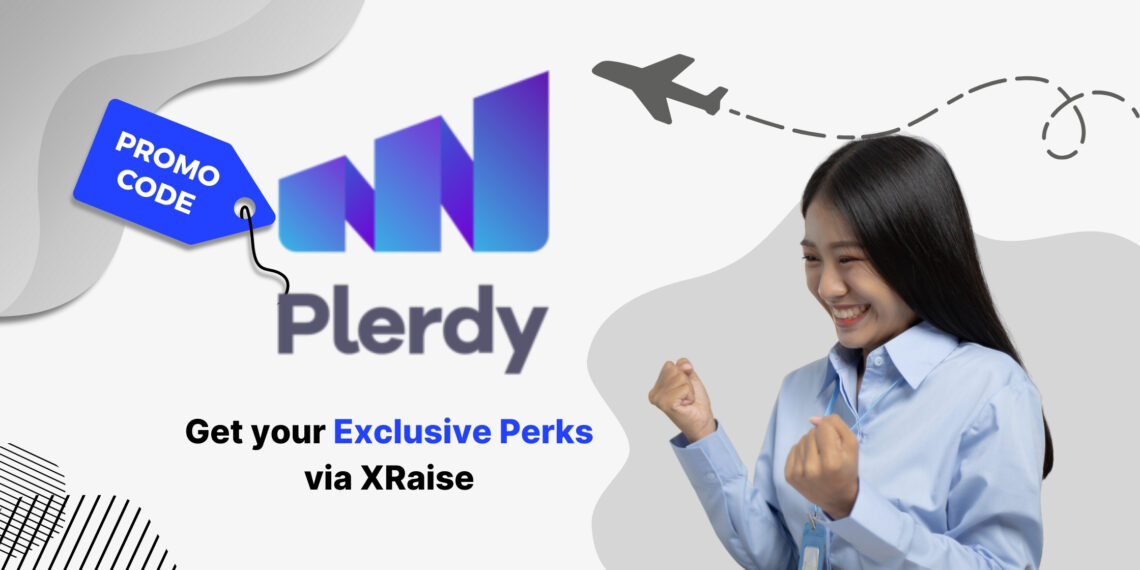 Plerdy promo code banner by XRaise — startup founder smiling and celebrating with clenched fists beside the Plerdy logo and “Get your exclusive perks via XRaise” text.