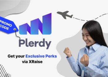 Plerdy promo code banner by XRaise — startup founder smiling and celebrating with clenched fists beside the Plerdy logo and “Get your exclusive perks via XRaise” text.