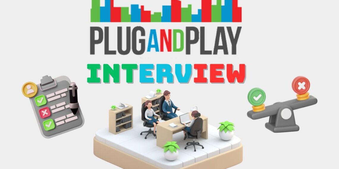 Minimalist illustration representing a founder preparing for a Plug and Play Accelerator Interview — laptops open, notes on the desk, focused atmosphere.