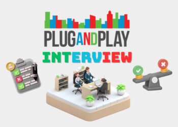 Minimalist illustration representing a founder preparing for a Plug and Play Accelerator Interview — laptops open, notes on the desk, focused atmosphere.