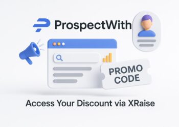 Illustrated cover image featuring the ProspectWith logo and interface, highlighting the exclusive startup promo code available via XRaise
