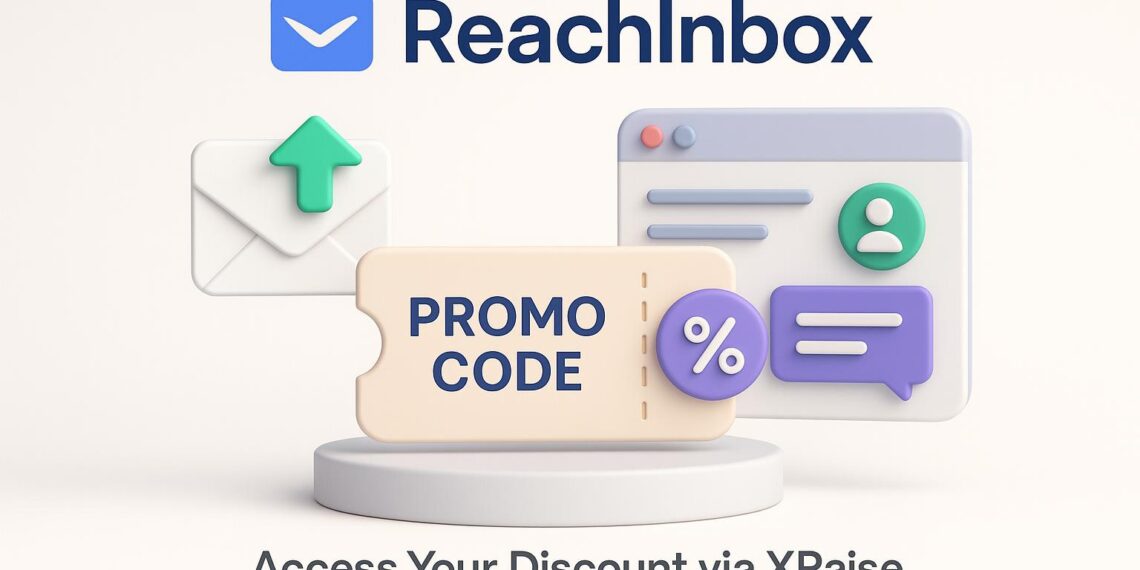 Illustrated cover image featuring the ReachInbox logo and interface, highlighting the exclusive startup promo code available via XRaise