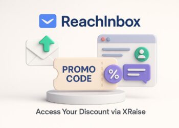 Illustrated cover image featuring the ReachInbox logo and interface, highlighting the exclusive startup promo code available via XRaise
