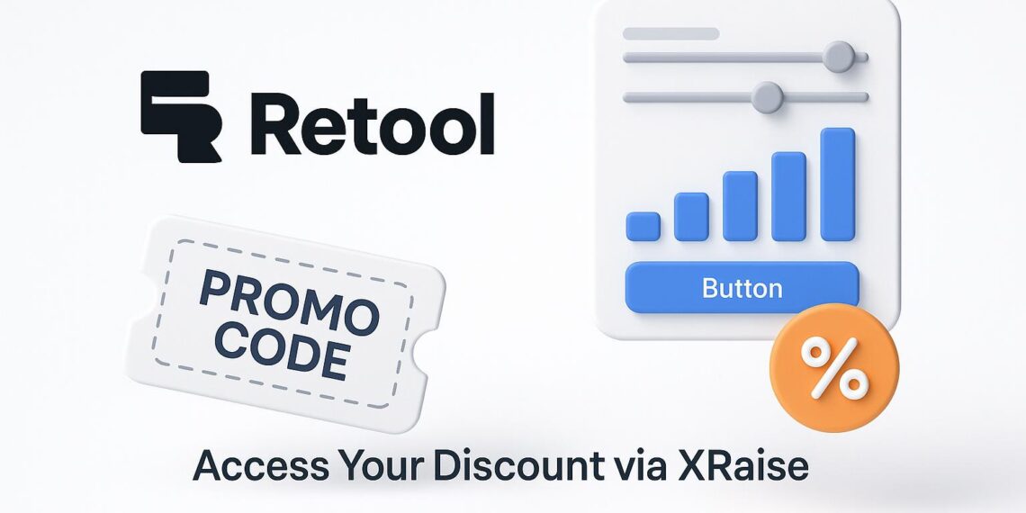 Illustrated cover image featuring the Retool logo and interface, highlighting the exclusive startup promo code available via XRaise