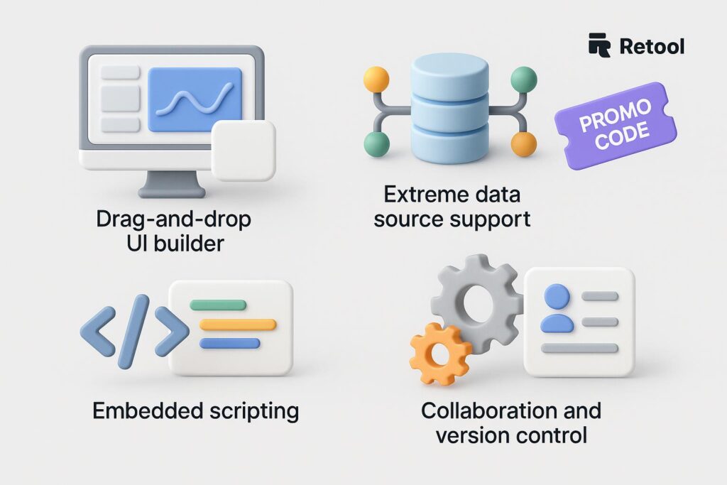 Visual breakdown of Retool key feature with a caption promoting the available startup discount through XRaise
