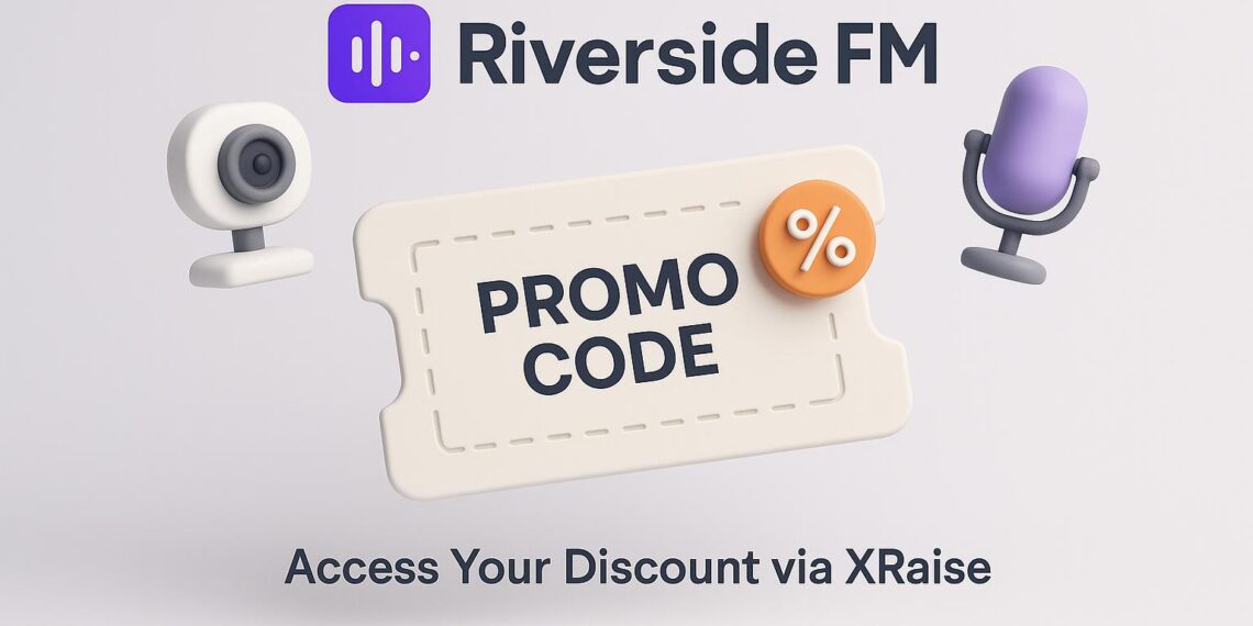 Illustrated cover image featuring the Riverside FM logo and interface, highlighting the exclusive startup promo code available via XRaise