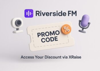 Illustrated cover image featuring the Riverside FM logo and interface, highlighting the exclusive startup promo code available via XRaise
