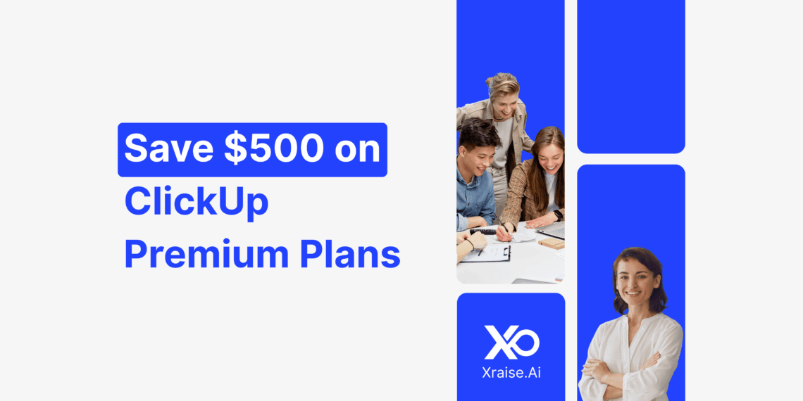 Startup founders collaborating while exploring how to save $500 on ClickUp Premium Plans through XRaise.