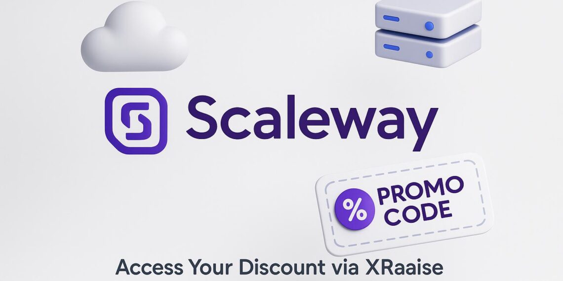 Illustrated cover image featuring the Scaleway logo and interface, highlighting the exclusive startup promo code available via XRaise