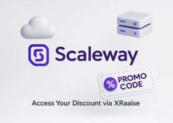 Illustrated cover image featuring the Scaleway logo and interface, highlighting the exclusive startup promo code available via XRaise