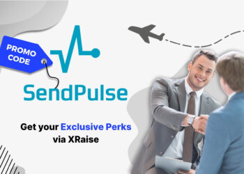 SendPulse promo code banner – exclusive XRaise startup discount for email, SMS, and chatbot marketing, with businessmen shaking hands