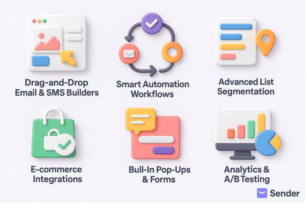 Visual representation of key features offered by Sender, including dashboard, integrations, and automation tools relevant for startup use.