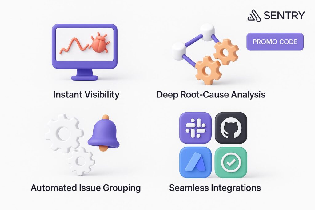 Visual breakdown of Sentry key feature with a caption promoting the available startup discount through XRaise