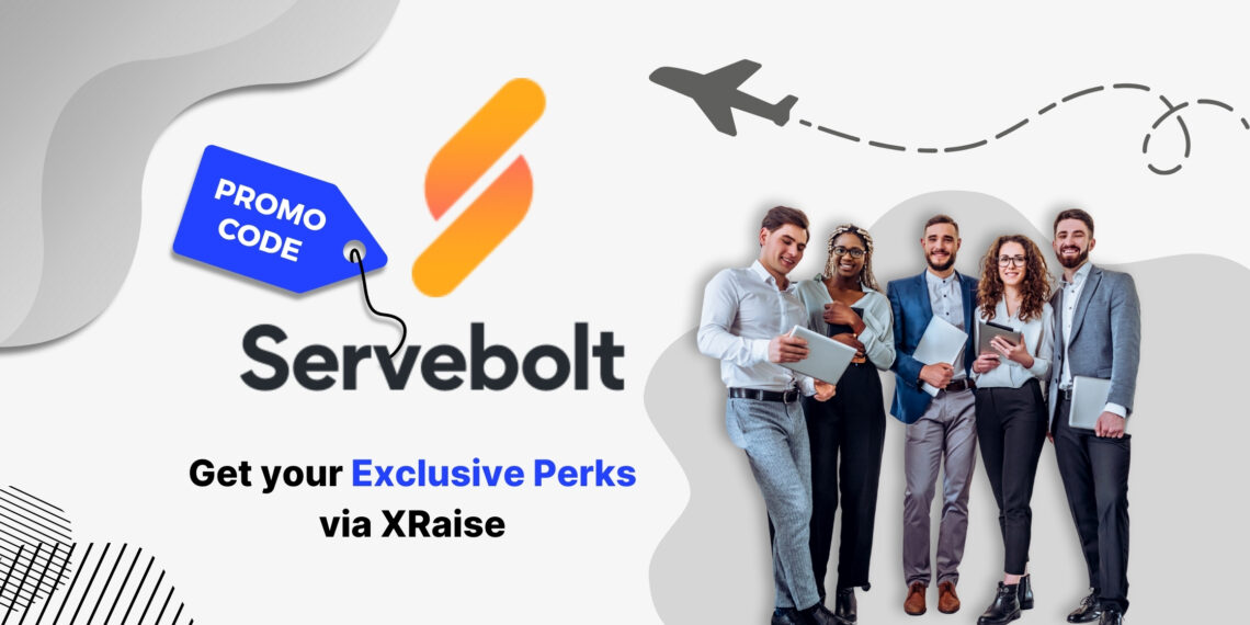 Servebolt promo code — professional team of diverse founders in business attire holding laptops and tablets, standing proudly beside the Servebolt logo with XRaise exclusive perks banner