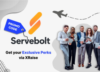 Servebolt promo code — professional team of diverse founders in business attire holding laptops and tablets, standing proudly beside the Servebolt logo with XRaise exclusive perks banner