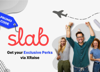 Slab promo code banner with Slab logo, blue promo tag, and an excited group of founders celebrating with raised hands, showcasing startup perks via XRaise.