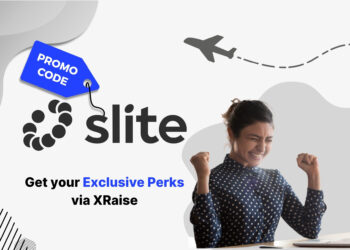 Slite promo code banner by XRaise — woman at desk celebrating success with clenched fists, sitting next to the Slite logo and “Get your exclusive perks via XRaise” text.