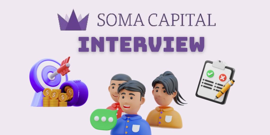 Minimalist illustration representing a founder preparing for a Soma Capital Accelerator Interview — laptops open, notes on the desk, focused atmosphere.