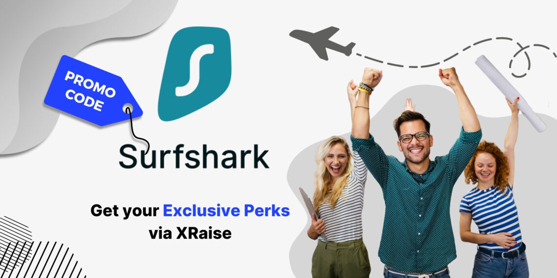 Surfshark promo code banner by XRaise — group of young founders cheering with hands raised, standing next to the Surfshark logo and “Get your exclusive perks via XRaise” text.
