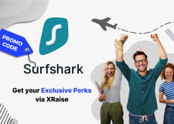Surfshark promo code banner by XRaise — group of young founders cheering with hands raised, standing next to the Surfshark logo and “Get your exclusive perks via XRaise” text.