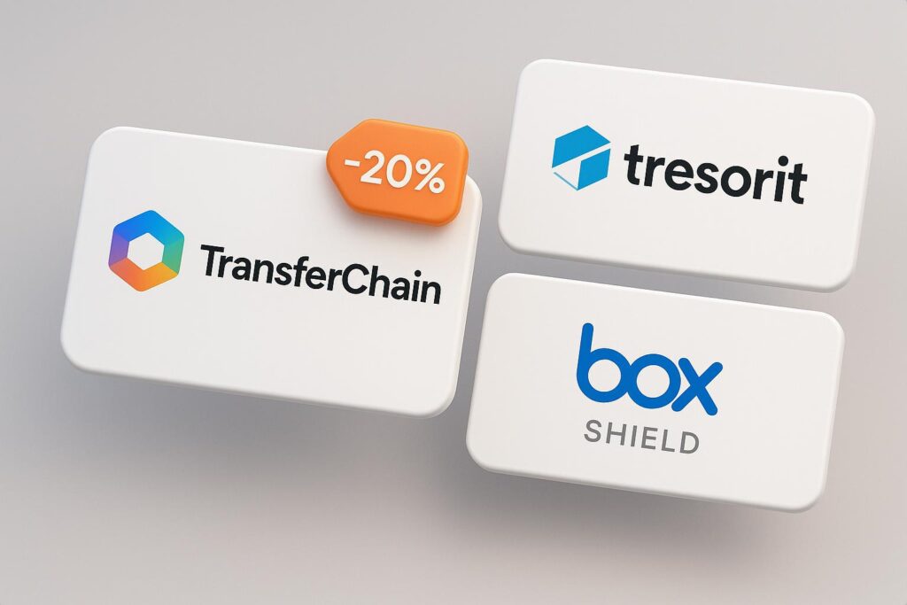 Comparison chart of TransferChain vs top alternatives (e.g., Tresorit, Box Shield), highlighting the benefits of using XRaise to claim the TransferChain startup promo code