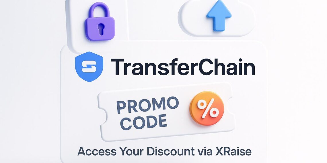 Illustrated cover image featuring the TransferChain logo and interface, highlighting the exclusive startup promo code available via XRaise