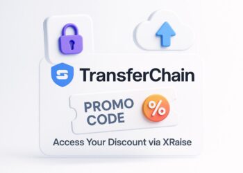 Illustrated cover image featuring the TransferChain logo and interface, highlighting the exclusive startup promo code available via XRaise