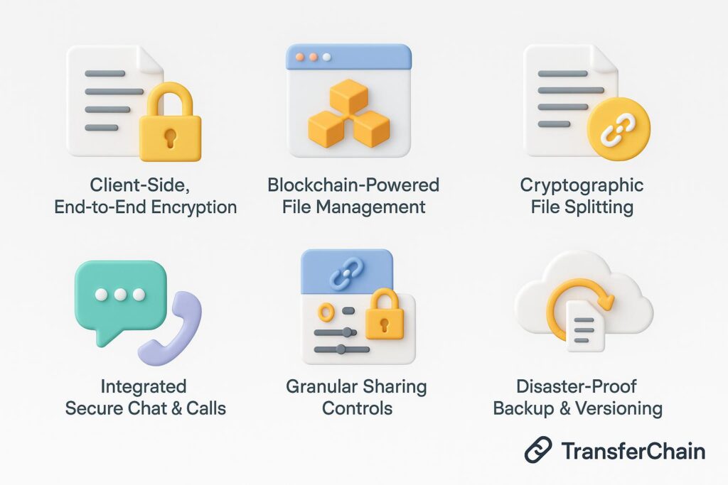 Visual representation of key features offered by TransferChain, including dashboard, integrations, and automation tools relevant for startup use.