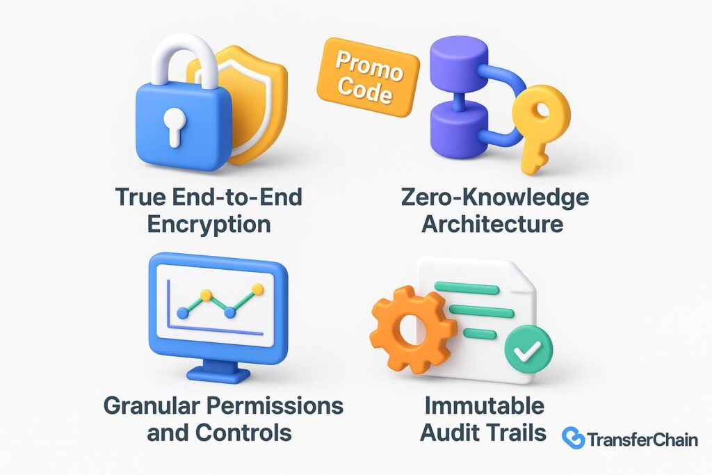 Visual breakdown of TransferChain key feature with a caption promoting the available startup discount through XRaise