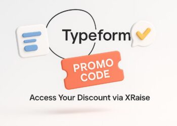 Illustrated cover image featuring the Typeform logo and interface, highlighting the exclusive startup promo code available via XRaise