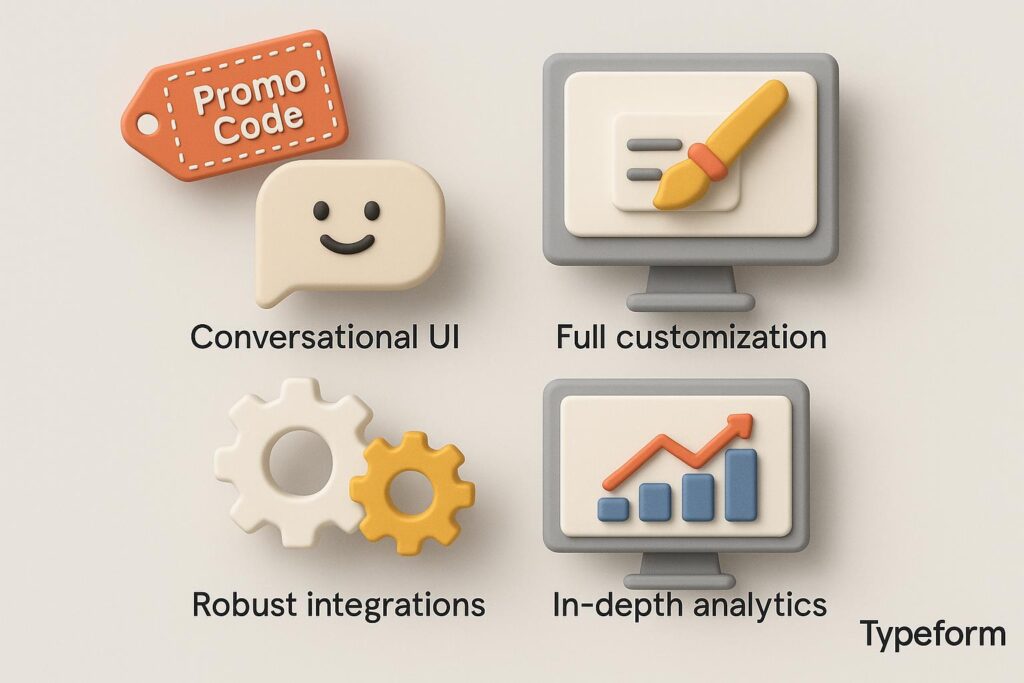 Visual breakdown of Typeform key feature with a caption promoting the available startup discount through XRaise
