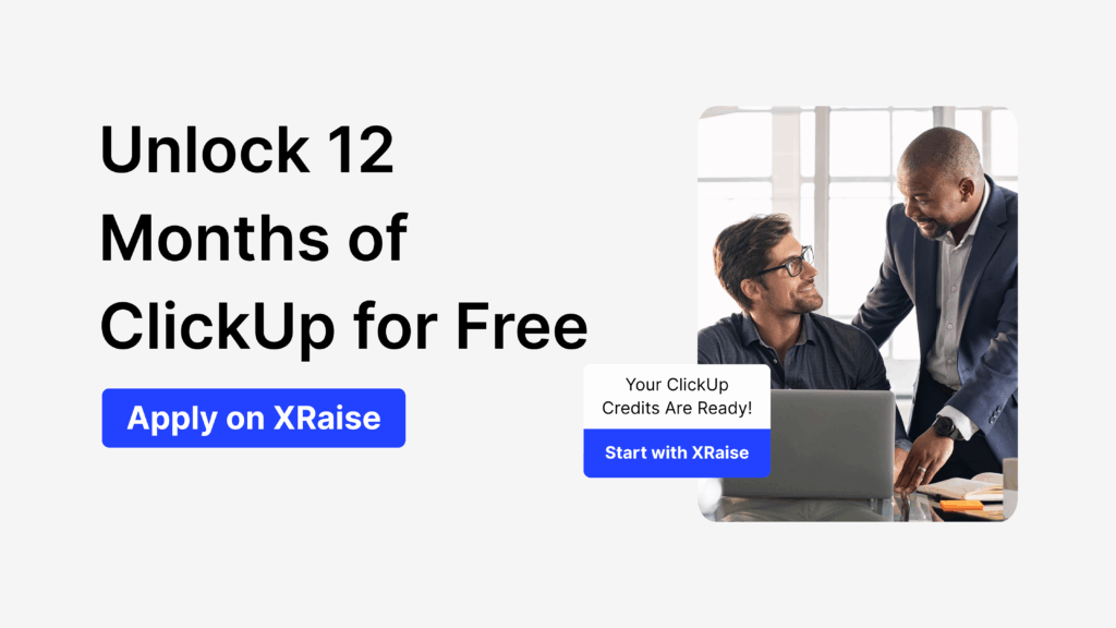 Two founders discussing how to unlock 12 months of ClickUp for free through XRaise Startup Perks.