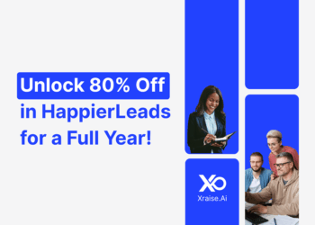 Banner promoting 80% off HappierLeads Promo Code for a year via XRaise, featuring a smiling founder celebrating beside a laptop team.