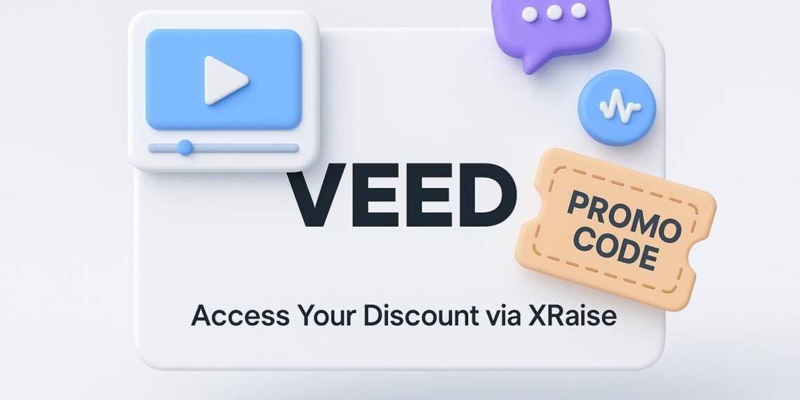 Illustrated cover image featuring the Veed logo and interface, highlighting the exclusive startup promo code available via XRaise
