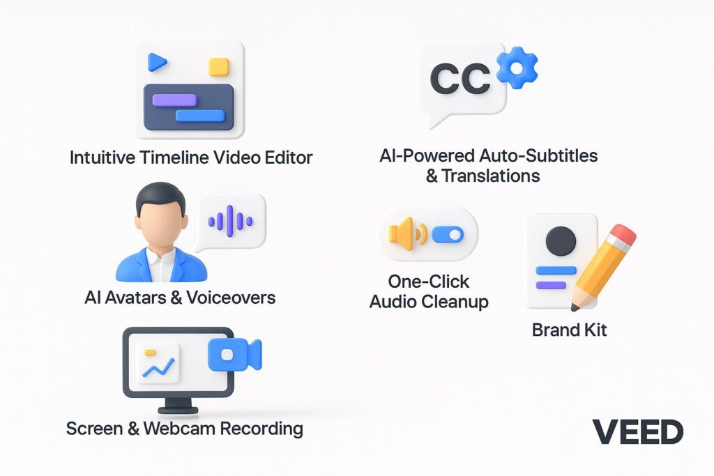 Visual representation of key features offered by Veed, including dashboard, integrations, and automation tools relevant for startup use.
