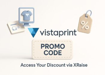 Illustrated cover image featuring the VistaPrint logo and interface, highlighting the exclusive startup promo code available via XRaise