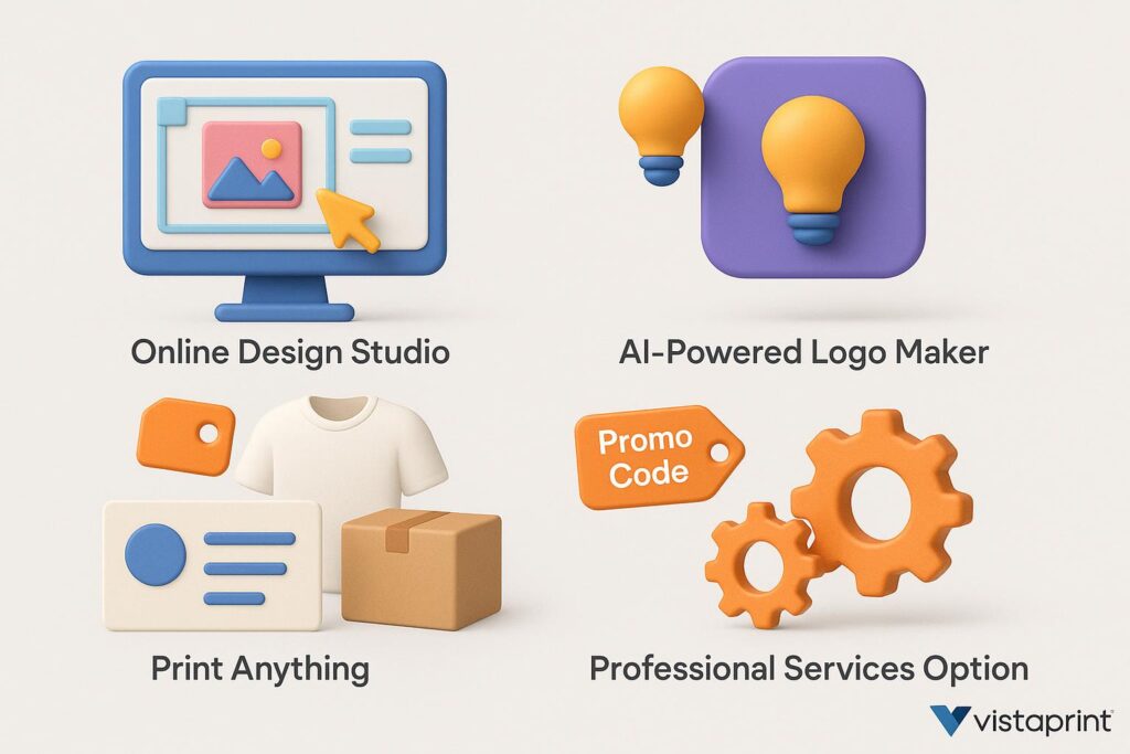 Visual breakdown of VistaPrint key feature with a caption promoting the available startup discount through XRaise