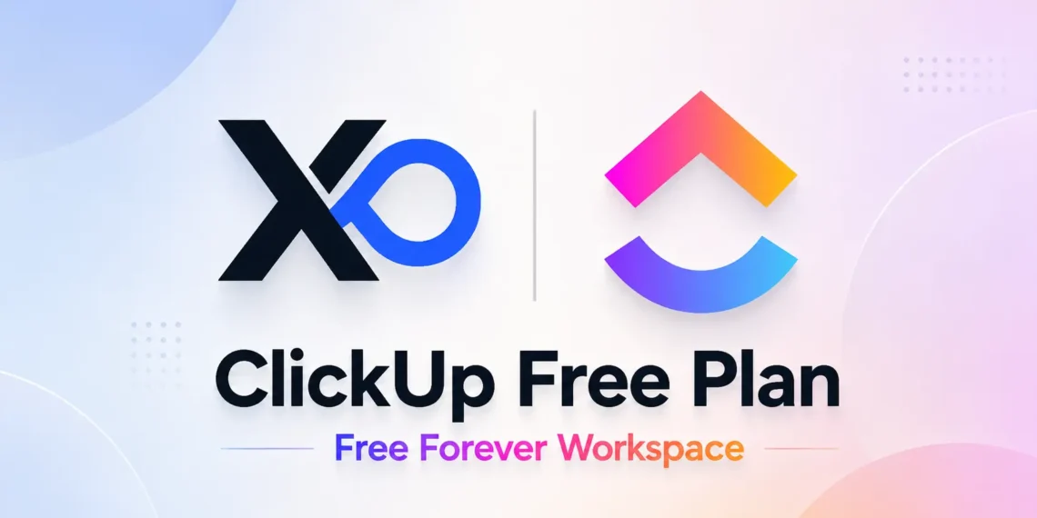 XRaise and ClickUp hero banner with Free Forever Workspace headline and soft pastel background