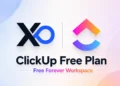 XRaise and ClickUp hero banner with Free Forever Workspace headline and soft pastel background