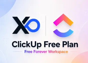 XRaise and ClickUp hero banner with Free Forever Workspace headline and soft pastel background